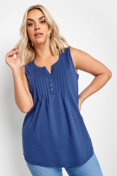 Yours Camiseta Azul Sin Mangas De Algodón Con Jaretas, Mujer Curvy Y Tallas Grandes, Yours
