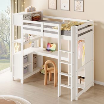 Cama Alta 90x200 Con Escritorio, Armario Y Estantes, Madera De Pino, Blanco