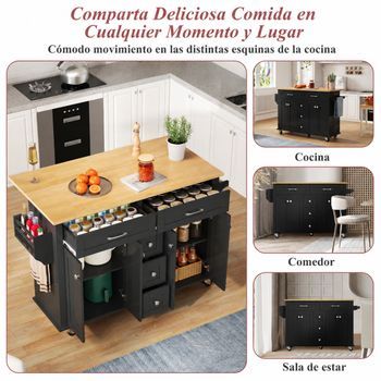 Isla De Cocina Móvil Negra Con Encimera Abatible, 120 X 65 Cm, 5 Cajones Y Armarios
