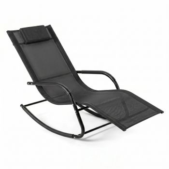 Costway Silla Mecedora Exterior Transpirable con Reposabrazos Curvos y Reposacabezas Desmontable para Balcón Patio Terraza Carga 160kg Negro