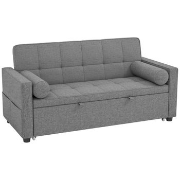 HOMCOM Sofá Cama 2 Plazas 3 en 1 Deslizantede Tejido Lino con Respaldo Ajustable Bolsillos 2 Cojines para Sala de Estar Gris   Aosom España