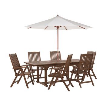 Conjunto De Jardín Rústico 6 Plazas Mesa Extensible Sillas Reclinables Madera Acacia Oscura Con Sombrilla Beige Amantea - Madera Oscura