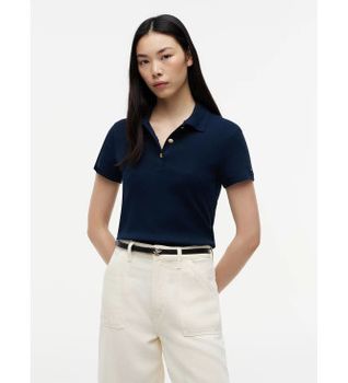 Tommy Hilfiger para mujer. WW0WW49252 Polo de corte slim con botones dorados marino (M), Casual, Algodón, Manga corta