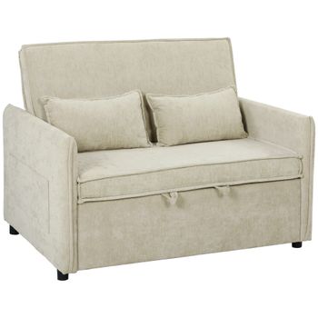 HOMCOM Sofá Convertible 2 Plazas Sofá Cama 3 en 1 de Chenilla 125 cm con Respaldo Ajustable Asiento Amplio 2 Cojines Crema   Aosom España
