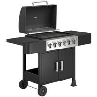 outsunny barbacoa de gas con 6 quemadores termometro parrilla mesas laterales armario y ruedas 135x51x101 cm negro