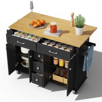 Isla De Cocina Con Encimera Abatible Y 5 Cajones, 140x65x89cm, Mdf, Negro Y Natural