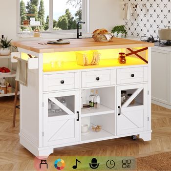 Isla De Cocina Móvil Con Mesa Plegable, Led Regulable Y Almacenaje, 120 Cm