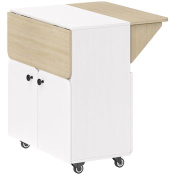HOMCOM Mesa Plegable Armario con Ruedas, dos paneles de mesa plegables, compartimento de armario, 4 ruedas, Blanco + Madera natural, 70 x 83 x 75cm