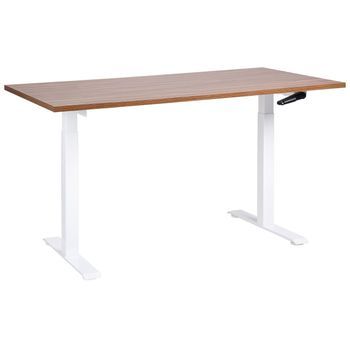 Escritorio De Altura Regulable Manualmente Oficina Moderna Patas Cuadradas  160 X 72 Cm Tablero Madera Oscura Soporte De Acero Blanco Destines