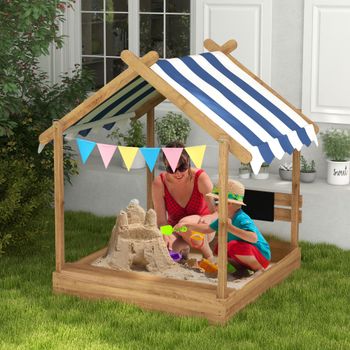 Outsunny Arenero Infantil con Toldo 6 Banderines 2 Bandejas Grifo y Pizarra en Forma de Casa para Patio 124x116x146 cm