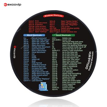 Alfombrilla de ratón EXCO Shortcuts para Excel Windows, alfombrilla redonda para ratón de oficina pequeña con borde cosido, Base de goma antideslizante para ordenador portátil y hogar