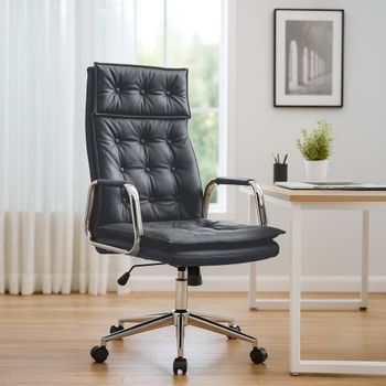 Silla de oficina giratoria regulable en cuero auténtico negro