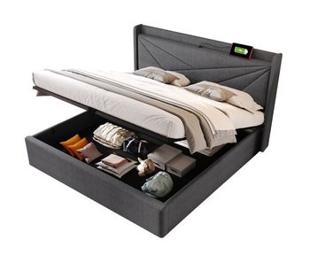Cama de matrimonio de lino 140x200cm con almacenaje,gris