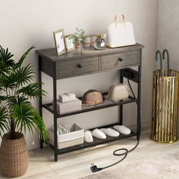 Mesa Consola Recibidor Estación Carga Cajones Estantes Tomas Corriente Puertos Usb Sofá Salón 81 X 30 X 81 Cm Gris Cfw98488