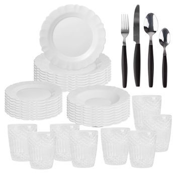 Vajilla Blanca De 24pzs + 8 Vasos De Cristal 300ml + Cubertería De 32 Pzs