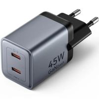 cargador de pared gan vention fcdh0-eu 2xusb-c 45w gris