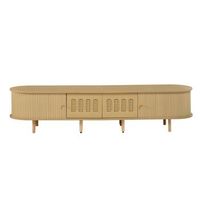 mueble de tv de 180 cm en madera clara con puertas de ratan para televisores de 75 pulgadas