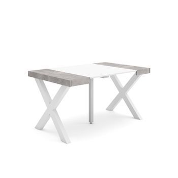 Mesa Consola Extensible, Mesa Comedor Plegable, 140, Para 6 Comensales, Patas Madera Maciza, Estilo Moderno, Blanco Y Cemento