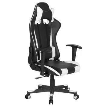 Silla De Juegos De Piel Sintética Negra Con Reposabrazos Ajustables Reclinables Blancos Soporte Lumbar Cojín Reposacabezas Gamer