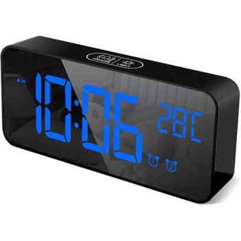 Reloj Despertador Digital con Pantalla LED de Temperatura, Alarma de Espejo Portátil con Alarma Doble Tiempo de Repetición 4 Niveles de Brillo Regulable Dimmer 10 Música Puerto de Carga