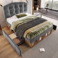 cama individual de 90 x 200 cm en terciopelo gris con somier de laminas cabecero regulable y cajones de almacenamiento