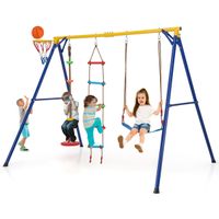 costway juego de columpio 4 en 1 con baloncesto escalera disco cuerda y asiento estructura metal para 3-10 anos carga 300kg interior exterior azul