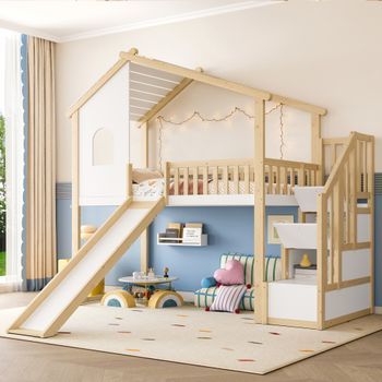 Cama Alta 90x200 Cm Con Tobogán, 2 Cajones Y Ventana - Pino + Mdf + Contrachapado - Natural + Banco (sin Colchón)