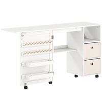 homcom mesa de costura plegable con 6 ruedas 18 clavijas para hilos mesa auxiliar con 2 cajones de tela y 3 compartimentos blanco   aosom espana
