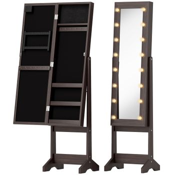HOMCOM Armario Joyero Mueble de Almacenamiento con Espejo Multicompartimentos Iluminación LED Marrón Oscuro   Aosom España
