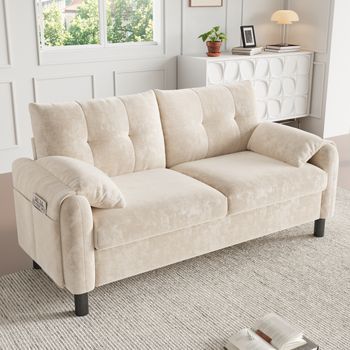 Sofá Moderno De 2 Plazas Con Cojines Gruesos - 158 X 80 X 88,5 Cm - Tejido Chenilla - Beige