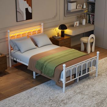 Estructura De Cama Metálica De 120x200 Cm, Blanca, Con Led Y Cabecero Alto