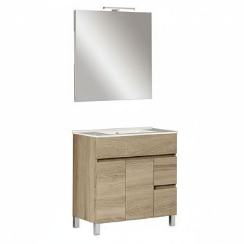 Kibath Mueble De Baño Con Lavabo, Espejo Y Aplique Led Urban 80x45 Cm Acabado Roble Natural Mate 2 Cajones Y 2 Puertas