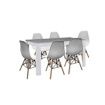 Pack Mesa De Comedor O Cocina Fija  Blanco Y Gris + 6 Sillas Estilo Nordico Blanco