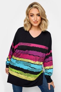 Yours Top Negro De Pico Con Rayas Difuminadas, Mujer Curvy Y Tallas Grandes, Yours