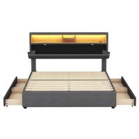 cama de 140x200cm en tejido de lino con led puerto usb y 4 cajones cabecero regulable gris