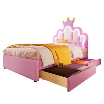 Cama Tapizada De 90 X 200 Cm Con Cabecero Regulable Y 2 Cajones - Led - Piel Sintética - Rosa (sin Colchón)
