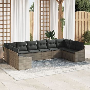 Juego De Sofá De Jardín De 10 Piezas Con Cojines Gris Ratán Poliéster V4854 Unico / Beige