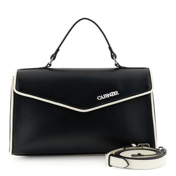 bolso de mano con solapa, asa acolchada y bolsillo trasero. black