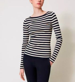 Twinset para mujer. 251TP3471 Jersey de rayas de manga larga negro (M), Casual, Viscosa