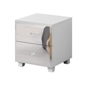 Mesa De Noche Con Dos Cajones, Cuerpo Blanco Y Frentes Cubiertos De Espejos Colección Livora.