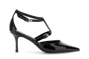 escote de charol con hebillas. black