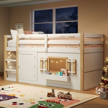 Cama Alta Infantil De 90 X 200 Cm, Blanca, Con Escalera Y Zona Inferior De Juegos