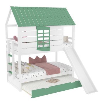Cama De Altura Para Niños 90x200 Cm Con Resbaladilla Y Cama Desplegable, Forma De Casa, Material Mdf Y Pino, Color Blanco+verde, Estructura Estable, Seguridad Garantizada, Ideal Para Niños