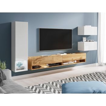 Conjunto De Muebles De Salón Amadeo, Juego De Muebles De Salón, Muebles De Tv, Sin Iluminación Led, Color Wotan/blanco Brillo