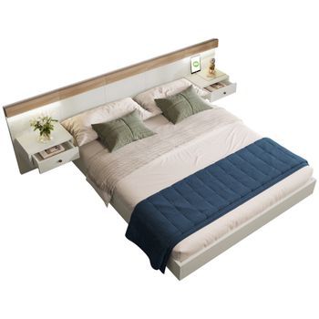 Cama Doble De Madera 140 X 200 Cm Con 2 Cajones - 2 Mesitas De Noche Led Y Toma Usb C - Color Roble Y Blanco