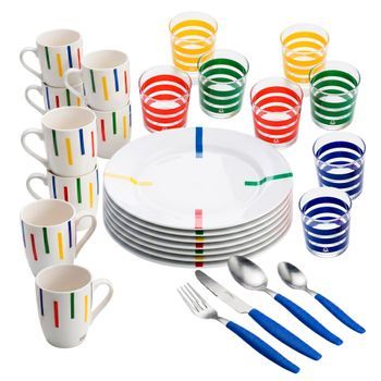 Pack Mesa Benetton 56 Piezas: 2 Cuberterías Azul 16 Pzs + 8 Vasos 345ml + 8 Tazas 360ml +…