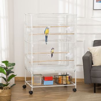 PawHut Jaula para Pájaros con Ruedas 78x52x132 cm con Bandeja Extraíble Puertas