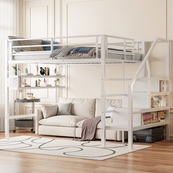 Cama Alta 140 X 200 Cm Con Baldas De Almacenaje Y Escalera - Metal - Blanco (sin Colchón)