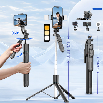 MEUYAG Trípode para palo selfie con luz de relleno monopié de 1708 mm de largo, control remoto Bluetooth, 360 °   Rotación, Interfaz 1/4, para teléfono móvil