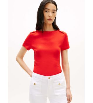 Tommy Hilfiger para mujer. WW0WW49250 Camiseta slim de cuello barco con botones rojo (XS), Casual, Algodón, Manga corta